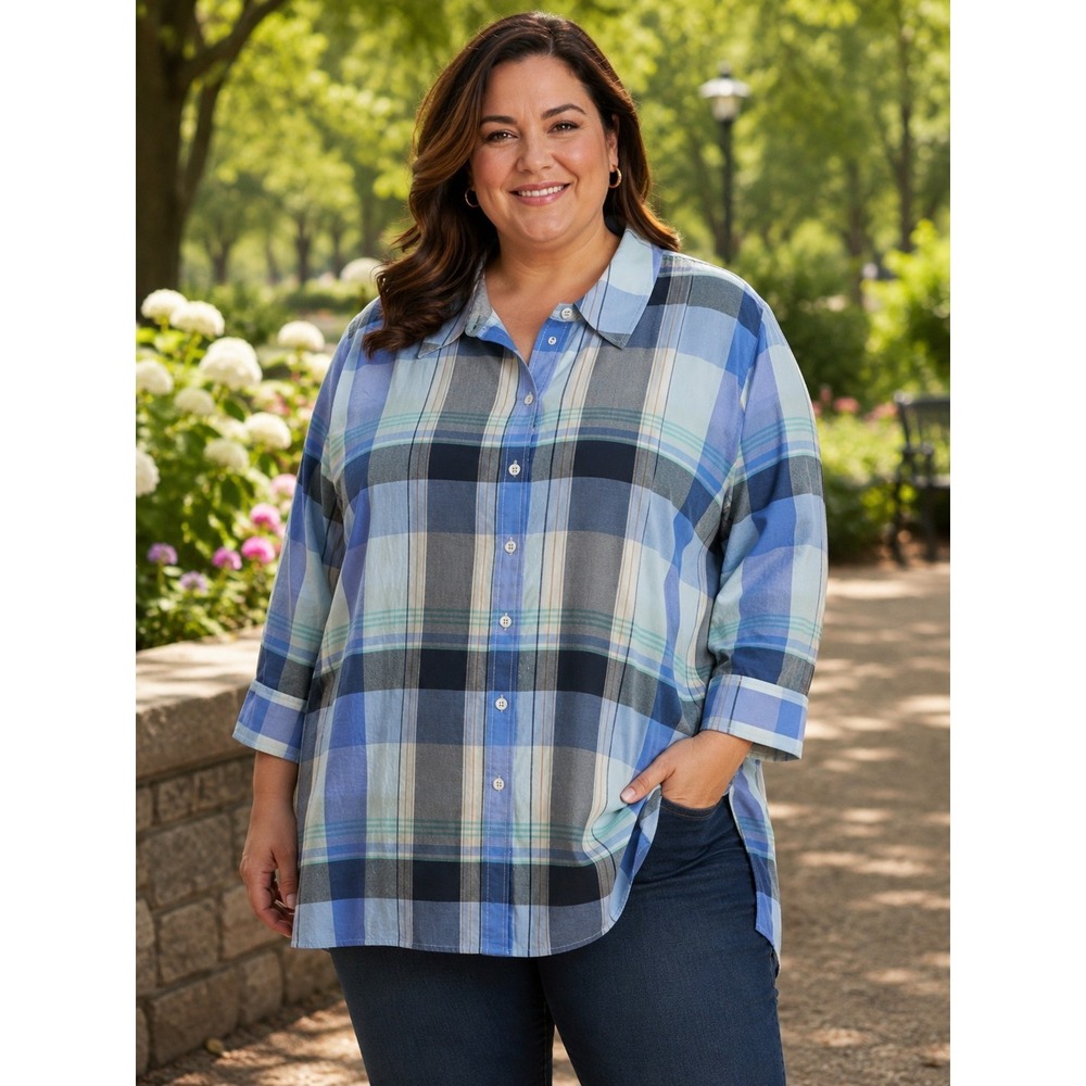 TALBOTS Women's 3X Blue White Brown Plaid Long Sleeve Shirt -2560